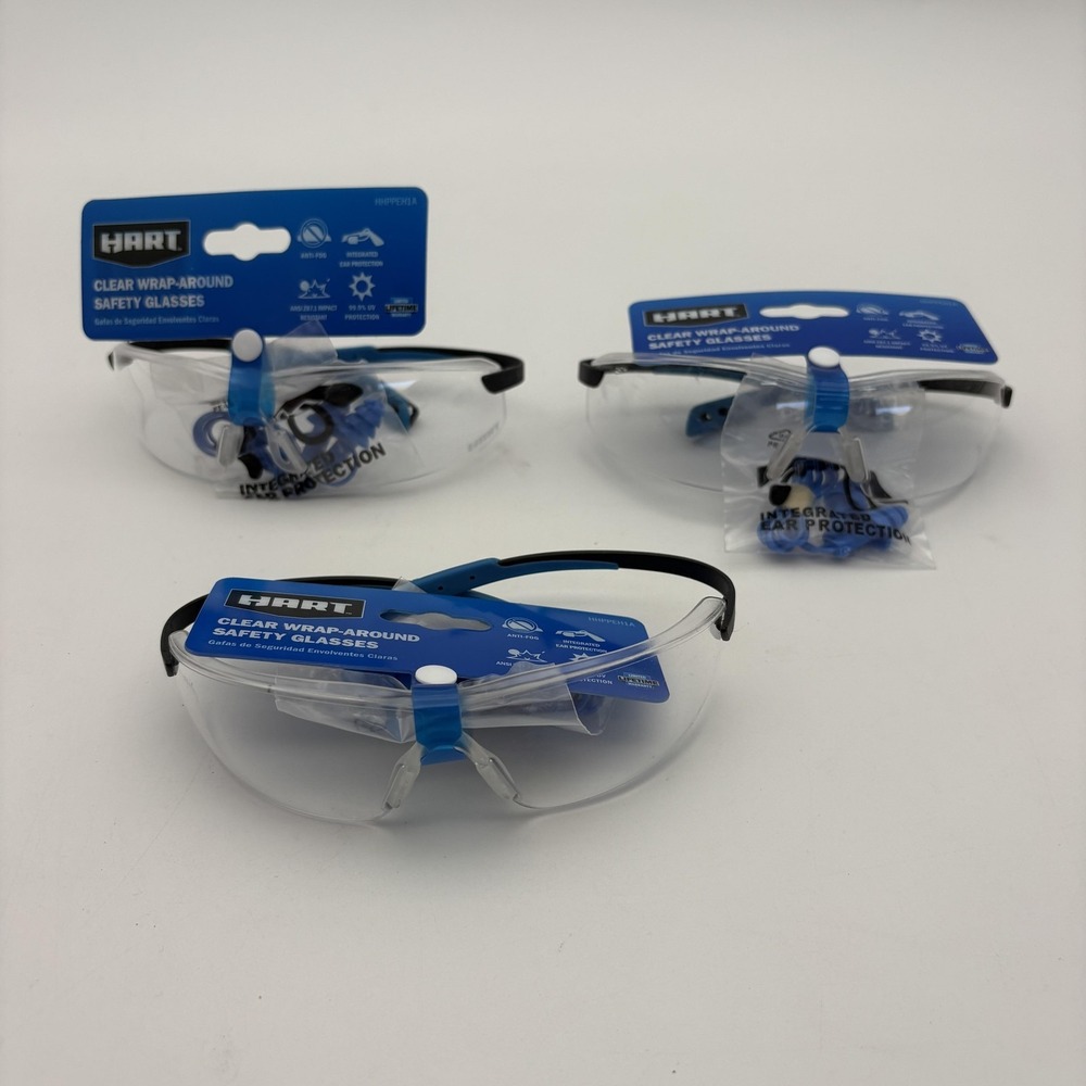 HART Clear Wrap-Around Safety Glasses 3 Pack Anti-Fog Ear Protection HHPPEH1A